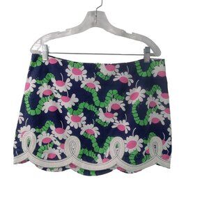 Lilly Pulitzer Tate Yum Yum Mini Skirt Size 10 Bright Navy  Floral Scalloped Hem